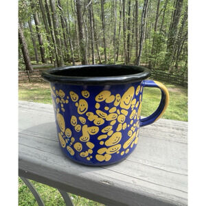 Natali Koromoto Speckled Smileys Enamel Mug Blue Yellow 16 Oz New